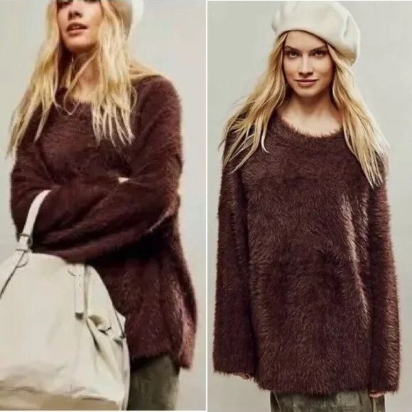 Free People Harrison Bunny Crew Fuzzy SWEATER Size L Mocha Brown Slouchy NEW - Picture 3 of 14